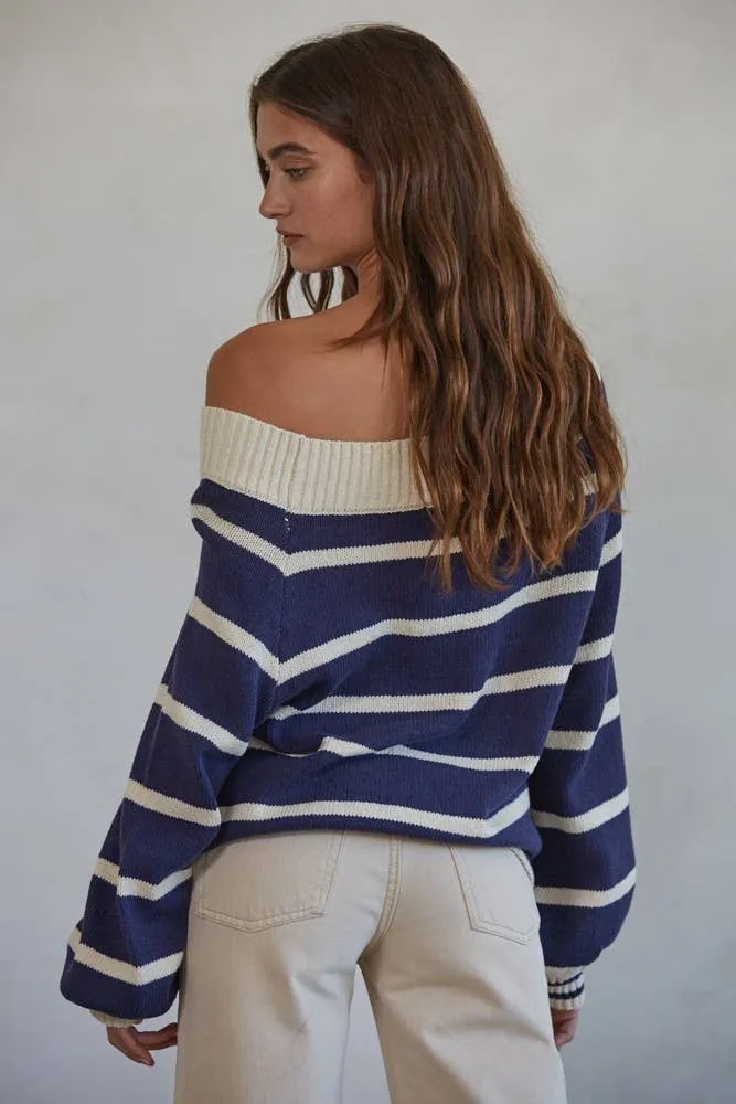 By Together - Knit Sweater Striped Open Off Shoulder Top- Fast shipping