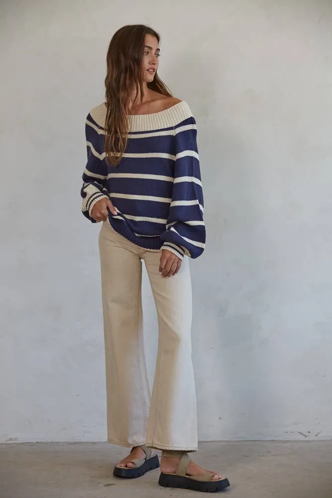 By Together - Knit Sweater Striped Open Off Shoulder Top- Fast shipping