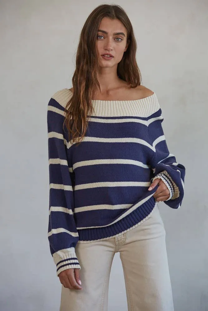 By Together - Knit Sweater Striped Open Off Shoulder Top- Fast shipping