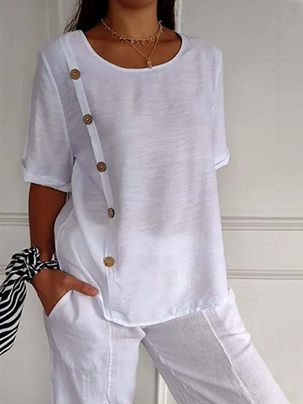 Casual Cotton And Linen Style Shirt Single Row Button Top Women's European And American