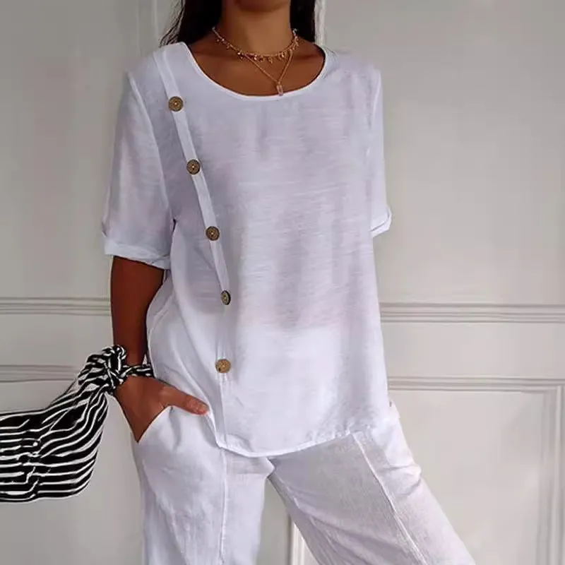 Casual Cotton And Linen Style Shirt Single Row Button Top Women's European And American