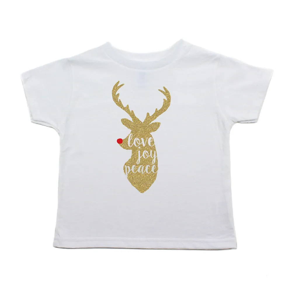 Christmas Joy Love Peace Glitter Reindeer Toddler Short Sleeve T-Shirts