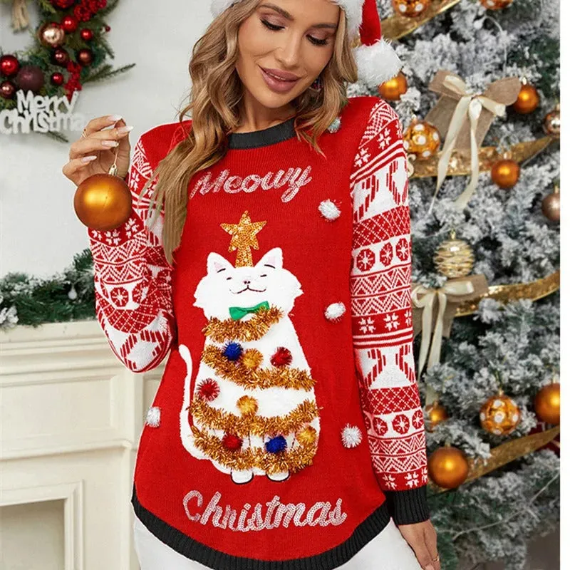 Claudia - Ladies Christmas sweater with cat motif