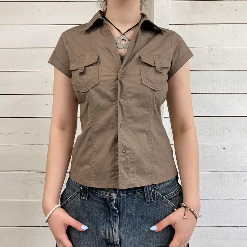 European And American Minimalist Basic Lapel Snap Fastener Tooling Style Shirt Short Sleeve Top