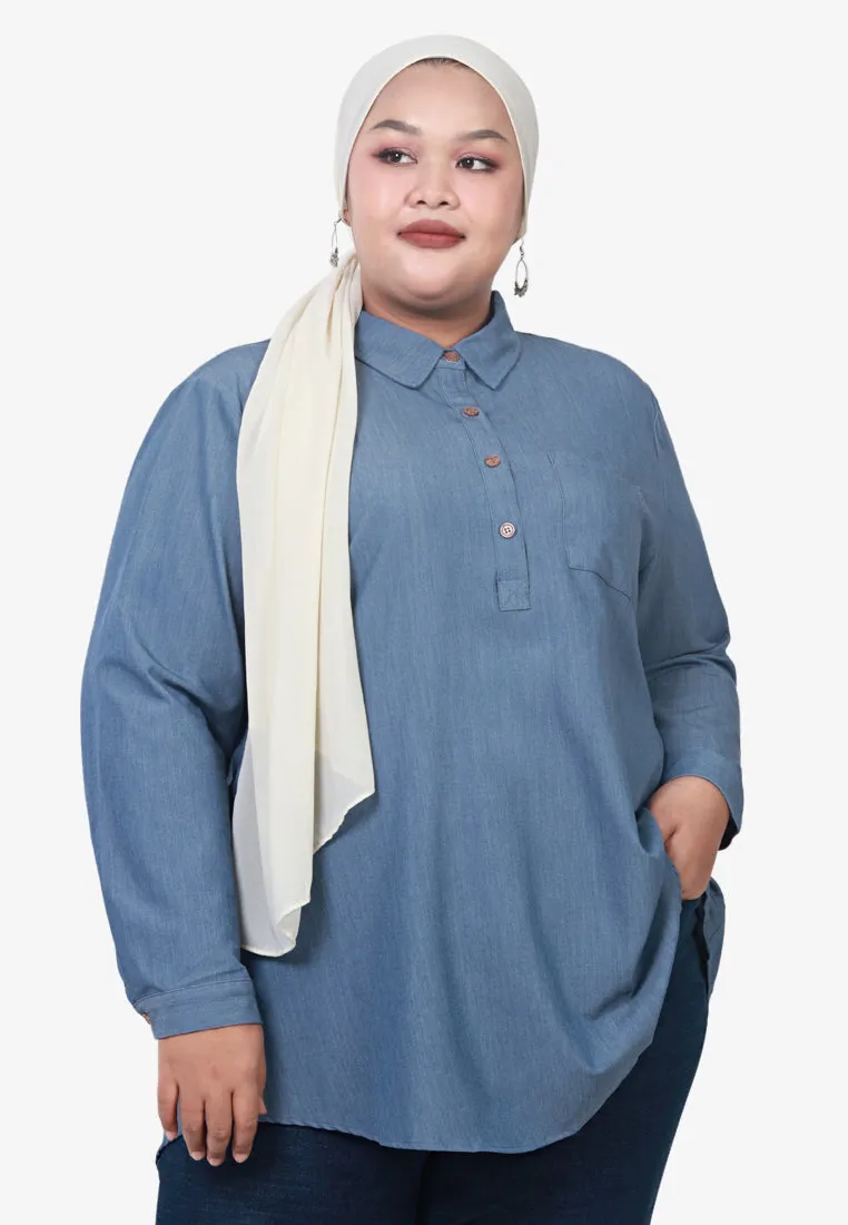 Hadele Half Button Denim Blouse - Dark Blue