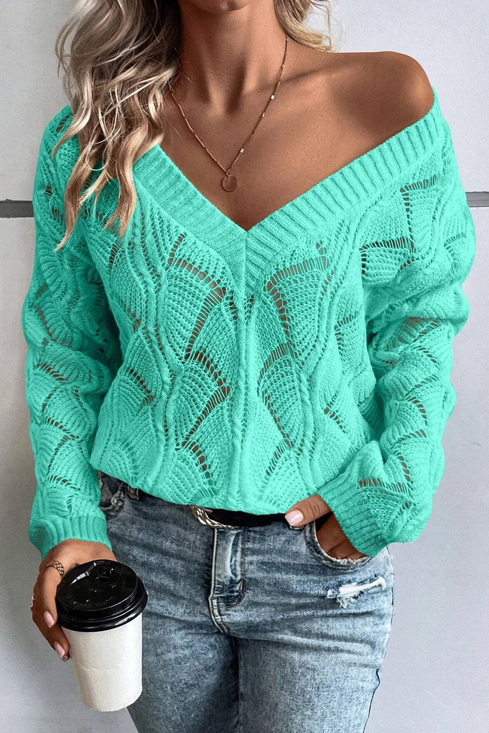 Hollow Out Knit V Neck Drop Shoulder Sweater