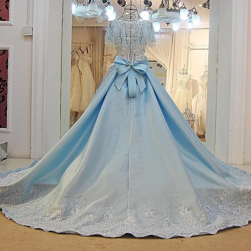 Light Blue Beaded Crystals Tassel A line Satin Long Evening Formal Dress