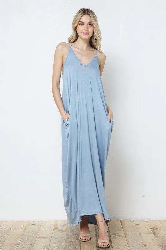 Light Blue Knit Open Shoulder V Neck Harem Maxi Dress