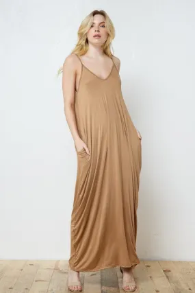 Light Brown Knit Open Shoulder V Neck Harem Maxi Dress