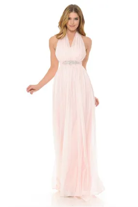 Light Pink Halter Ruched Embellished Kakao Long Formal Dress