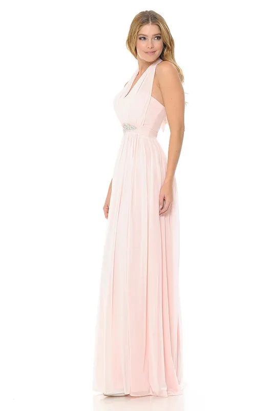 Light Pink Halter Ruched Embellished Kakao Long Formal Dress