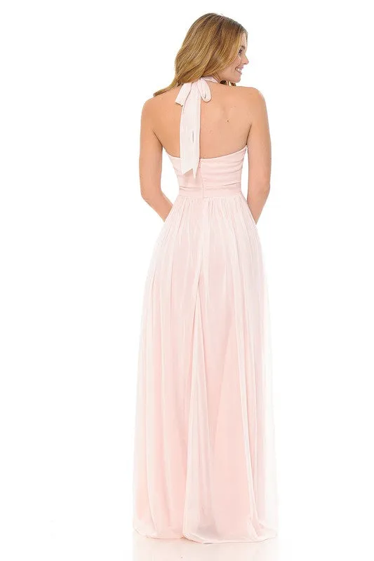 Light Pink Halter Ruched Embellished Kakao Long Formal Dress