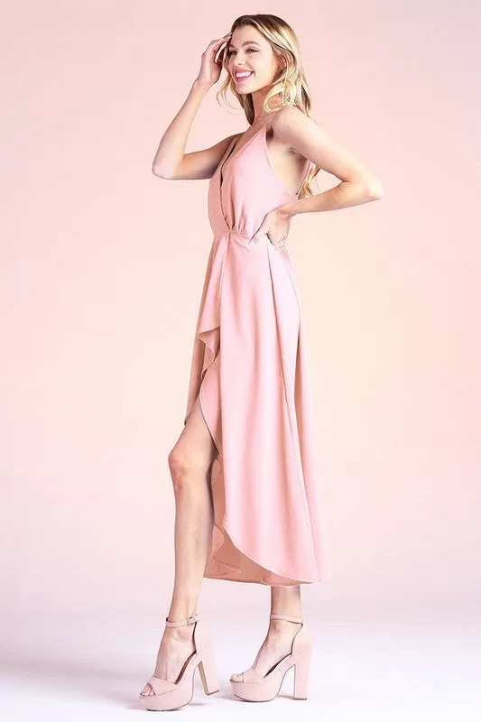 Light Pink Textured Solid Overlap Cami Midi Dress