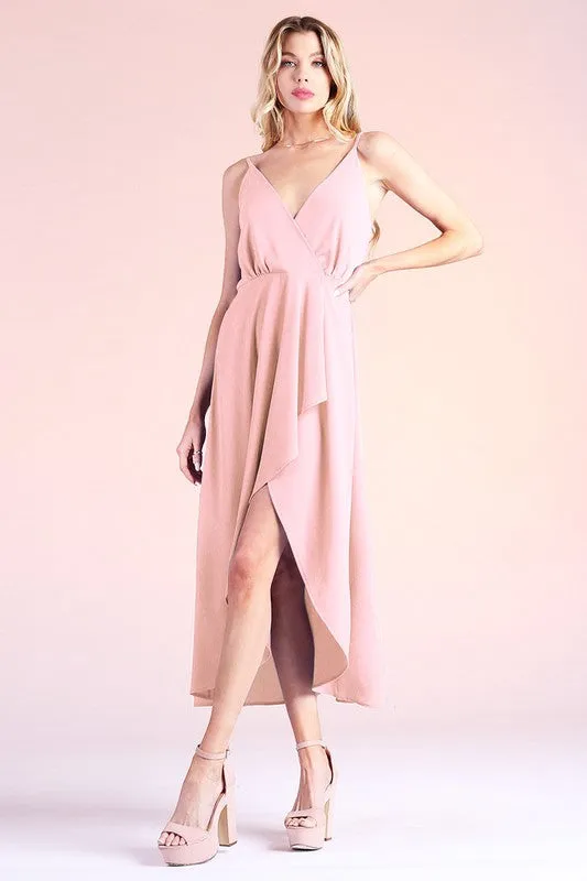 Light Pink Textured Solid Overlap Cami Midi Dress