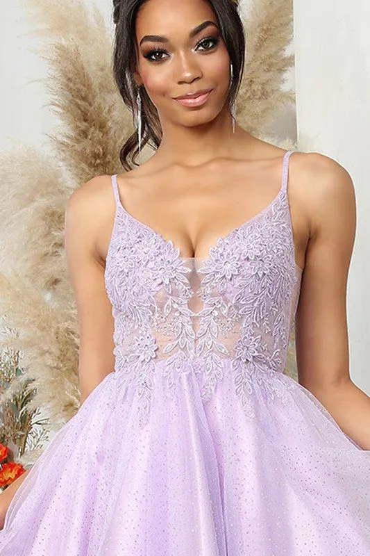 Lilac Deep V Neck Embroidered Illusion Top Cocktail Dress