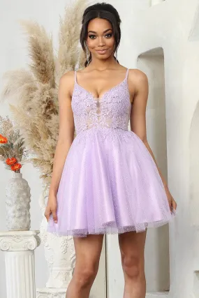 Lilac Deep V Neck Embroidered Illusion Top Cocktail Dress