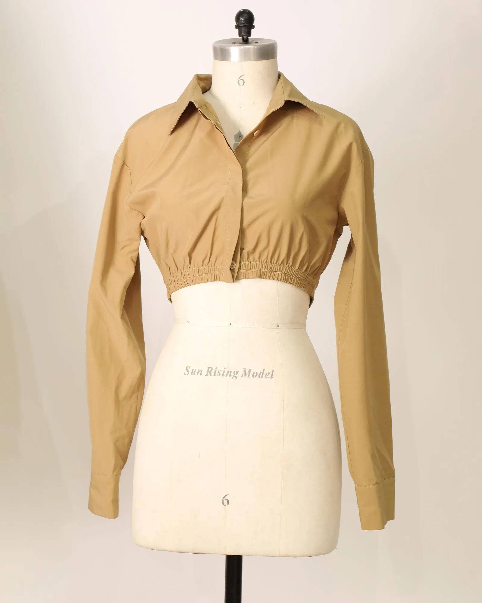 Long Sleeve Cropped Shirt with Waist Tie - Khaki