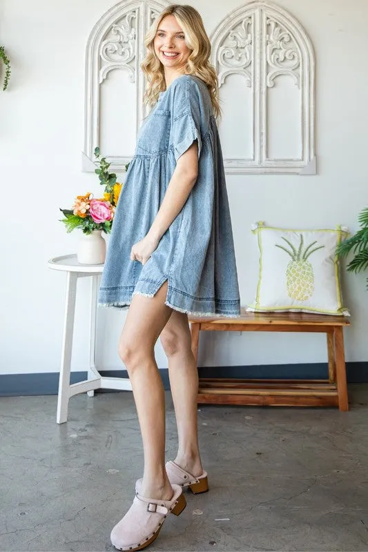 Med Oversize Pleated Denim Short Dress