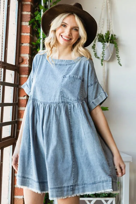 Med Oversize Pleated Denim Short Dress