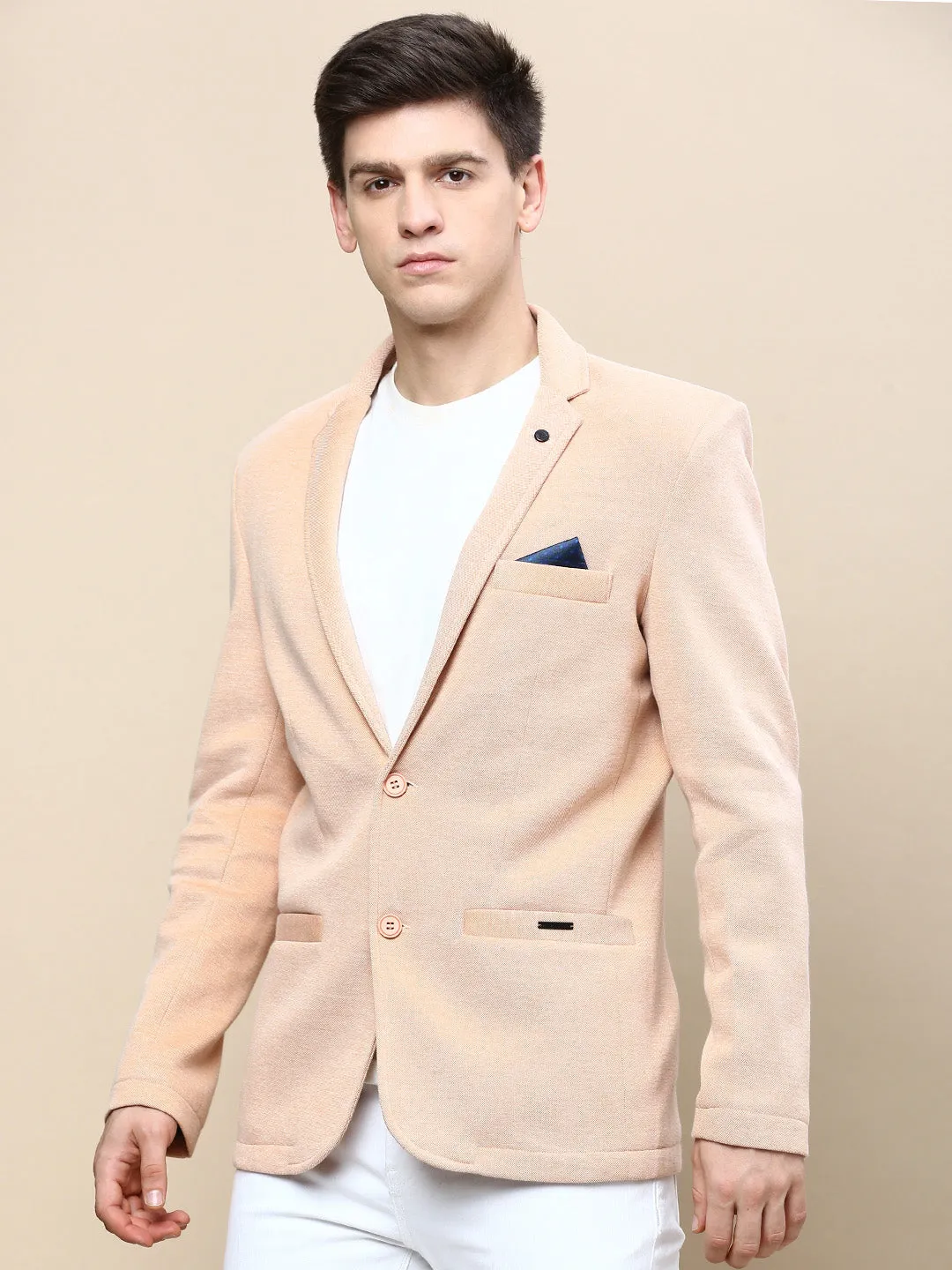 Men Peach Solid Casual Blazers