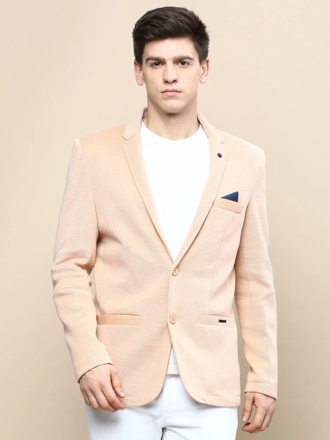 Men Peach Solid Casual Blazers