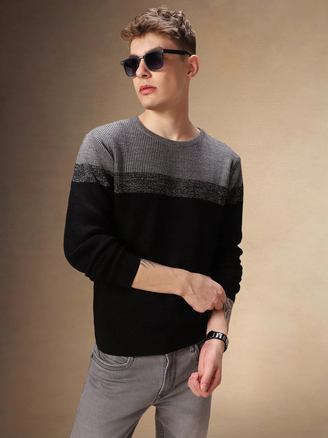 Men's Black Colorblock Round Neck Pullover Sweater