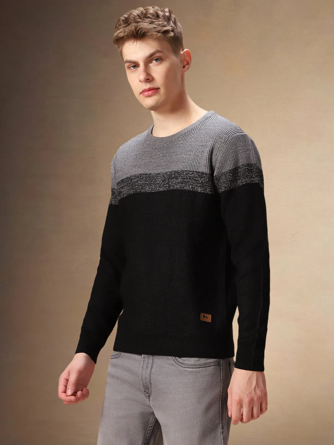 Men's Black Colorblock Round Neck Pullover Sweater