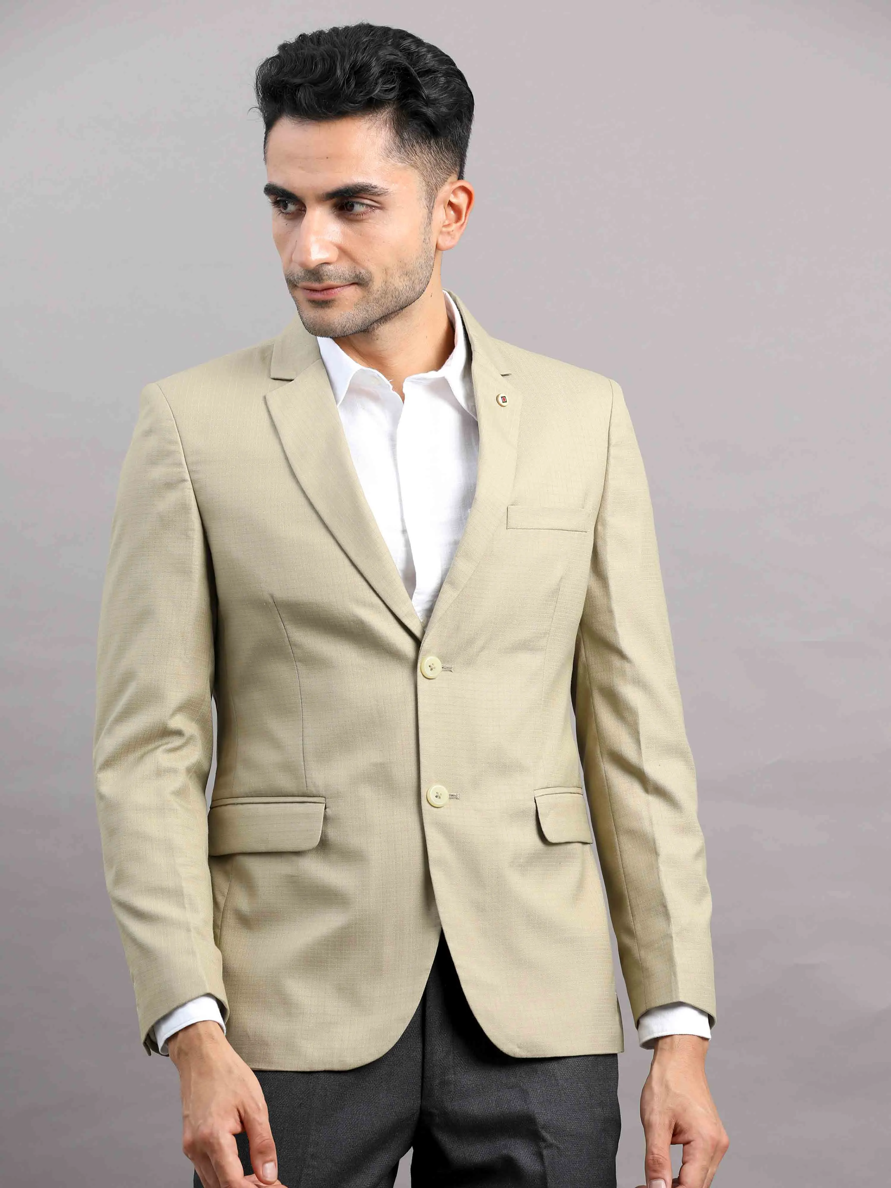 Men's Khaki Slim Fit Cotton Blend Full Sleeve Checks Casual Blazer