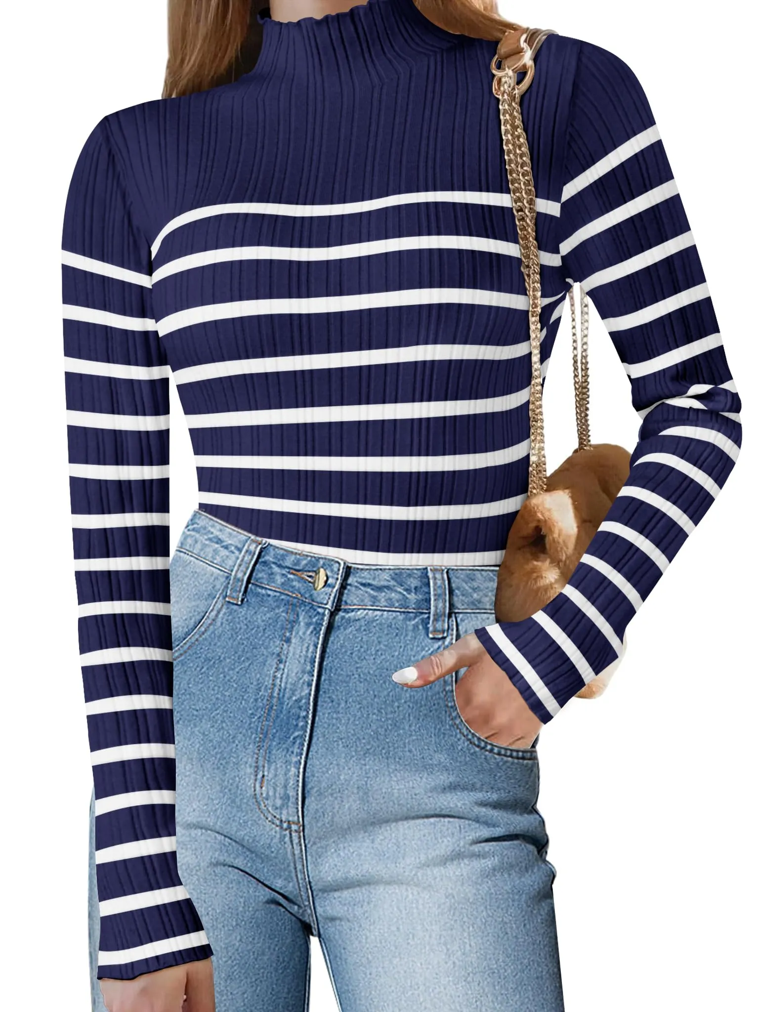 MEROKEETY Women's Long Sleeve Striped Tops Mock Neck Ribbed Knit Casual Shirts