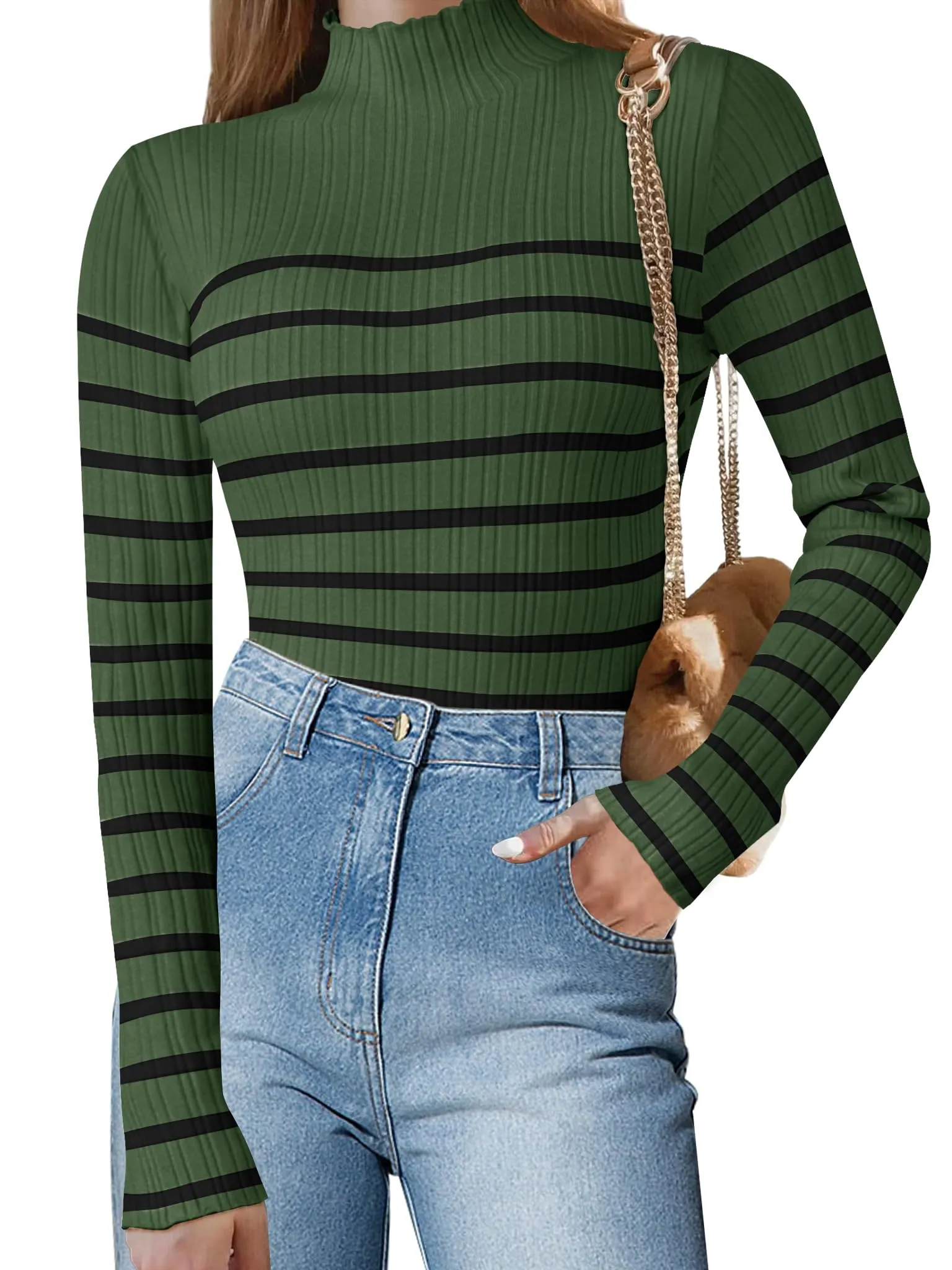 MEROKEETY Women's Long Sleeve Striped Tops Mock Neck Ribbed Knit Casual Shirts