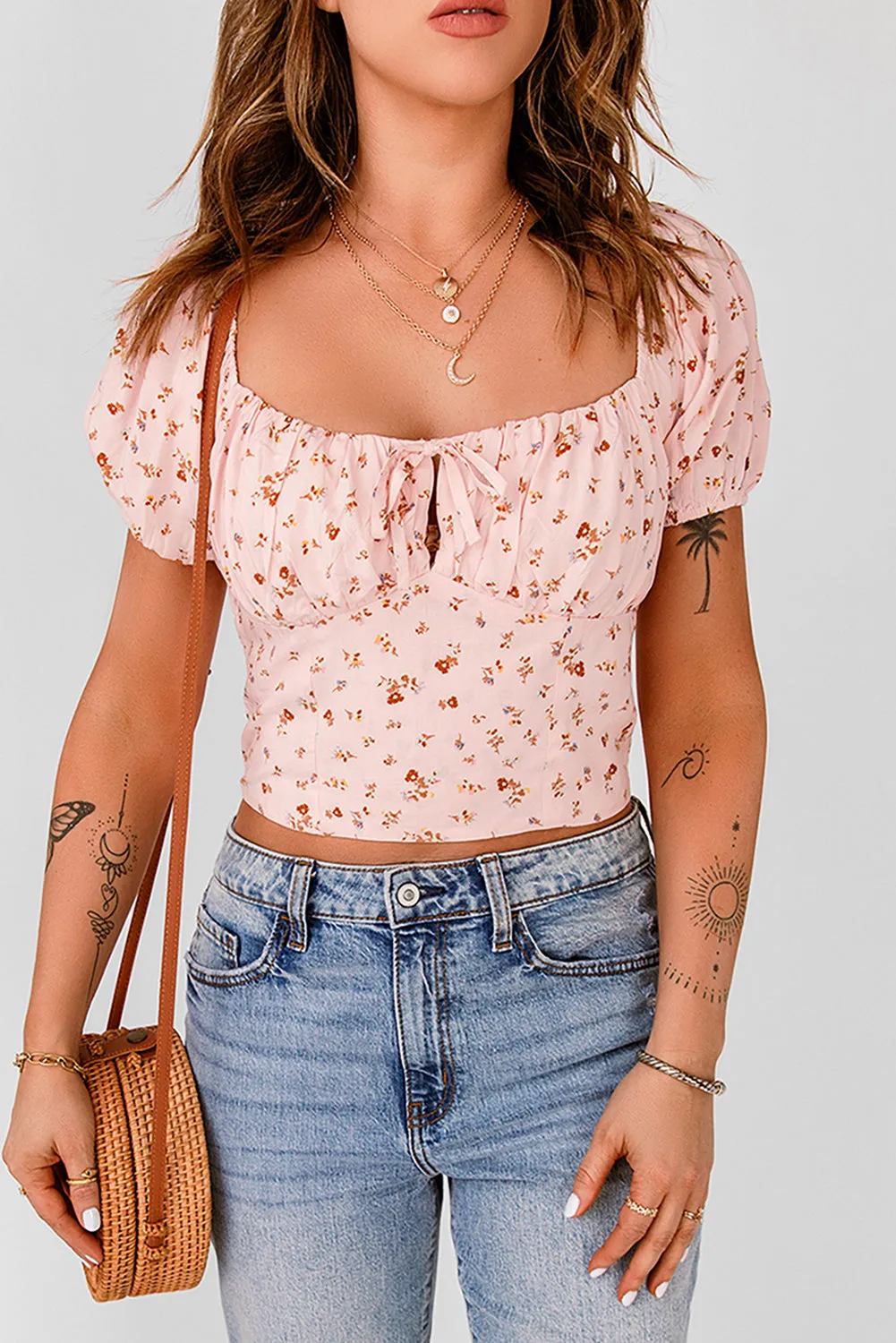 Mia - Pink Floral Square Neck Puff Sleeve Crop Top