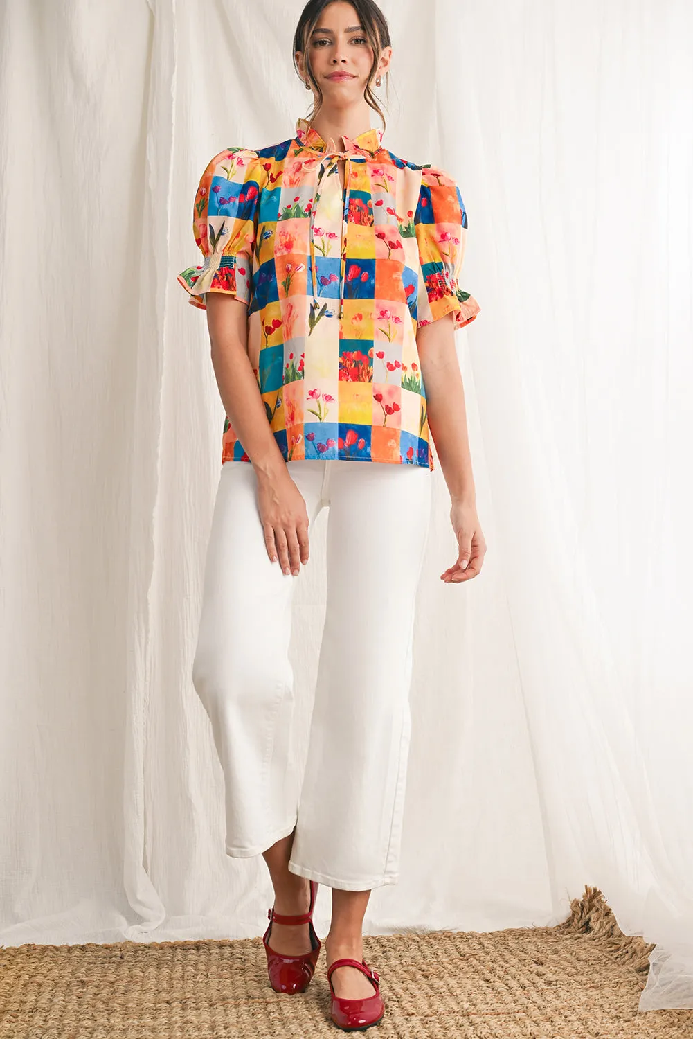 Multicolour Boho Floral Checkered Frill V-Neck Blouse