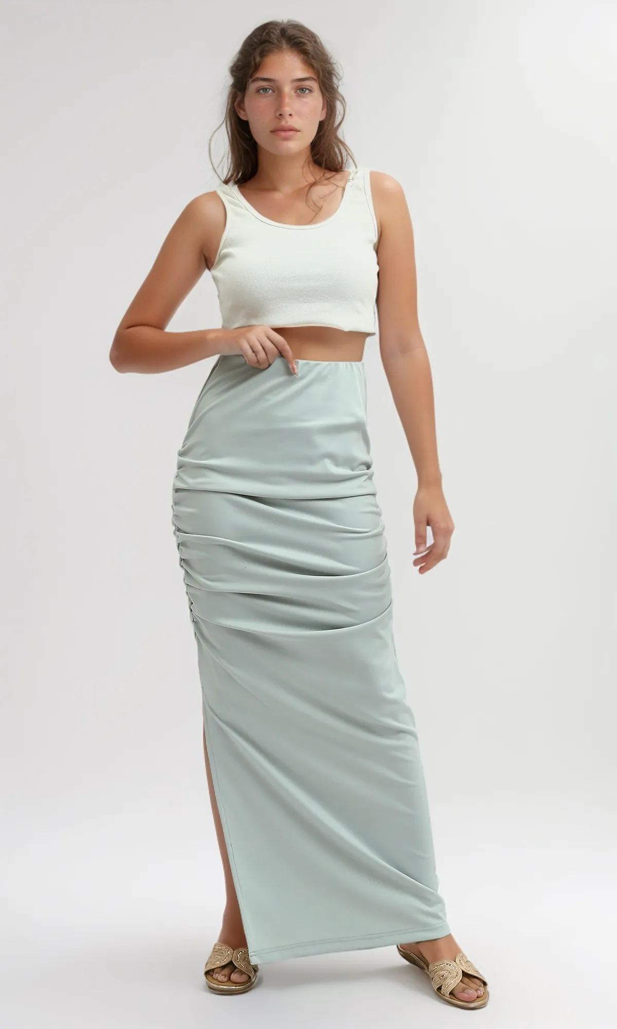 O189291 Mintgreen Feminine Slip On Skirt With Side Slits