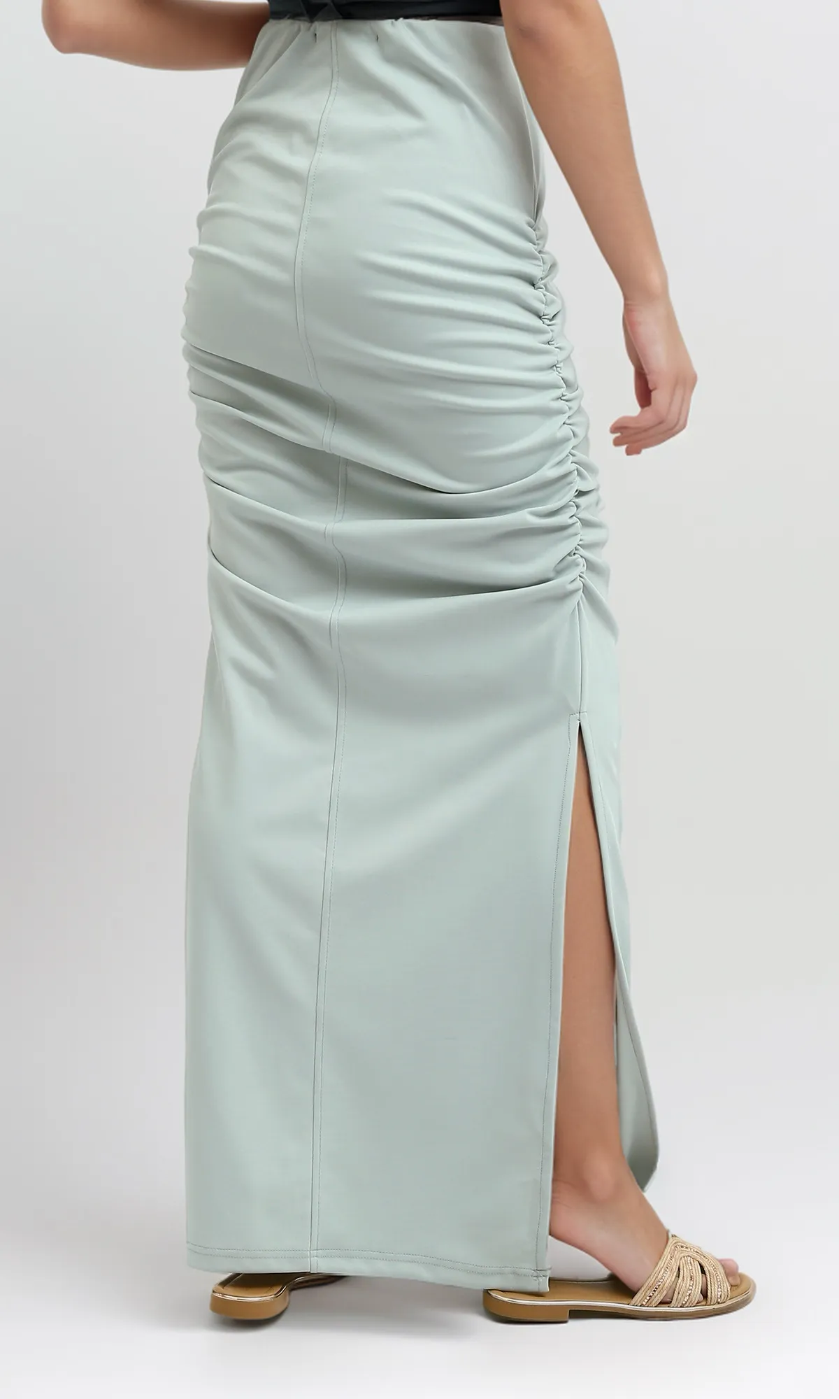 O189291 Mintgreen Feminine Slip On Skirt With Side Slits