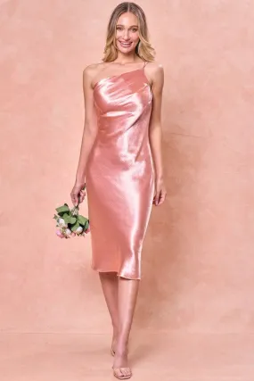 Pink One Shoulder Two Straps Satin Midi