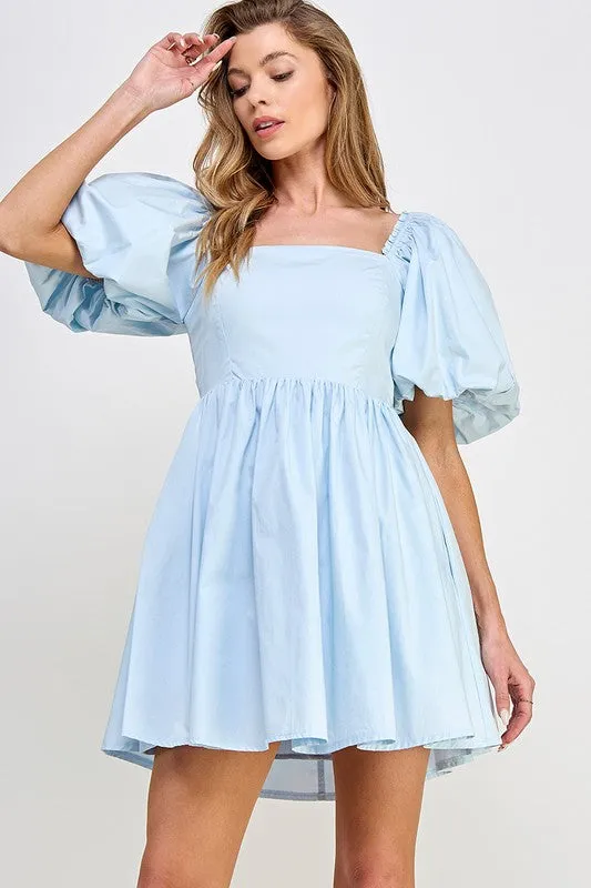 Powder Blue Puffled Balloon Sleeve Tie Back Dress