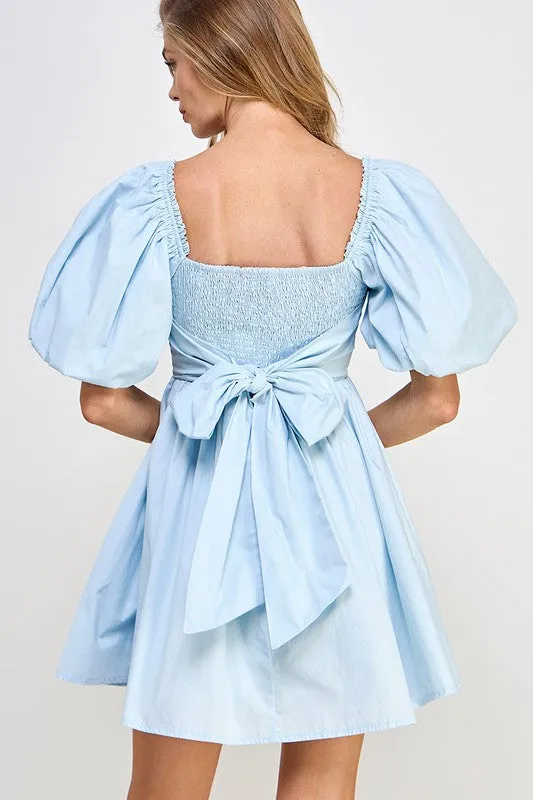 Powder Blue Puffled Balloon Sleeve Tie Back Dress