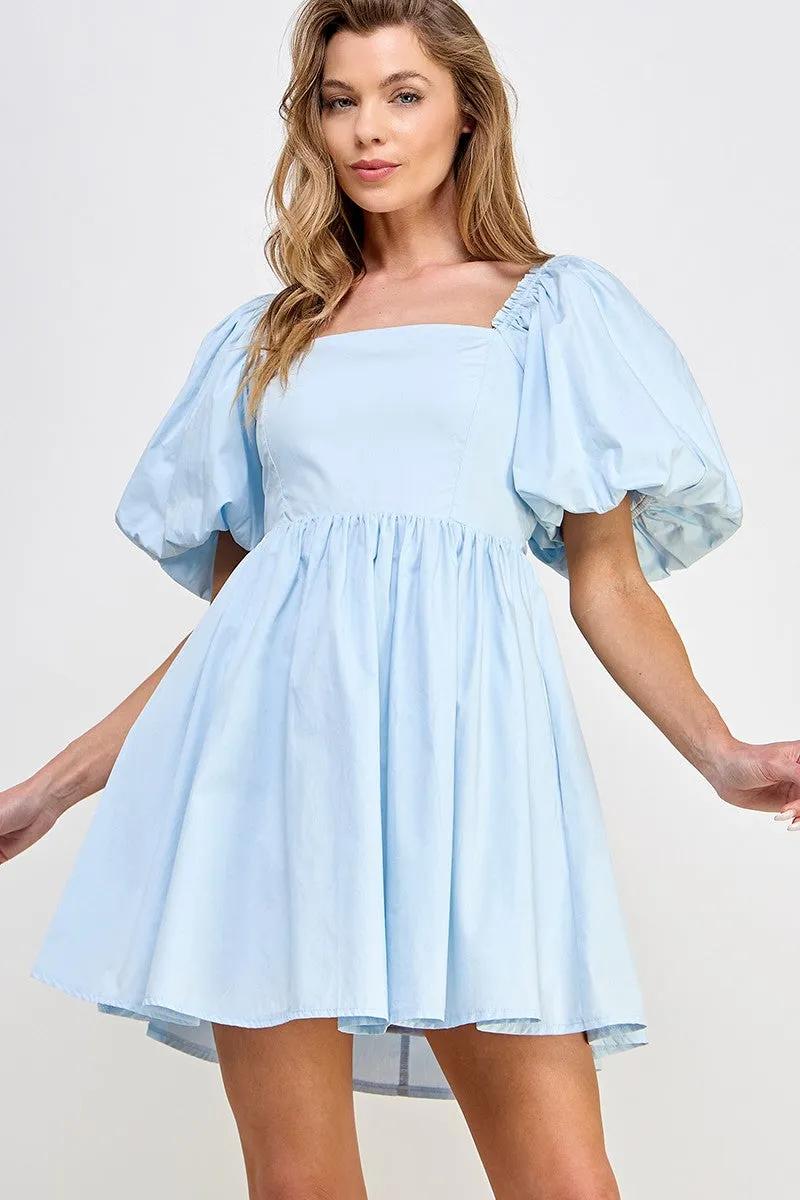 Powder Blue Puffled Balloon Sleeve Tie Back Dress