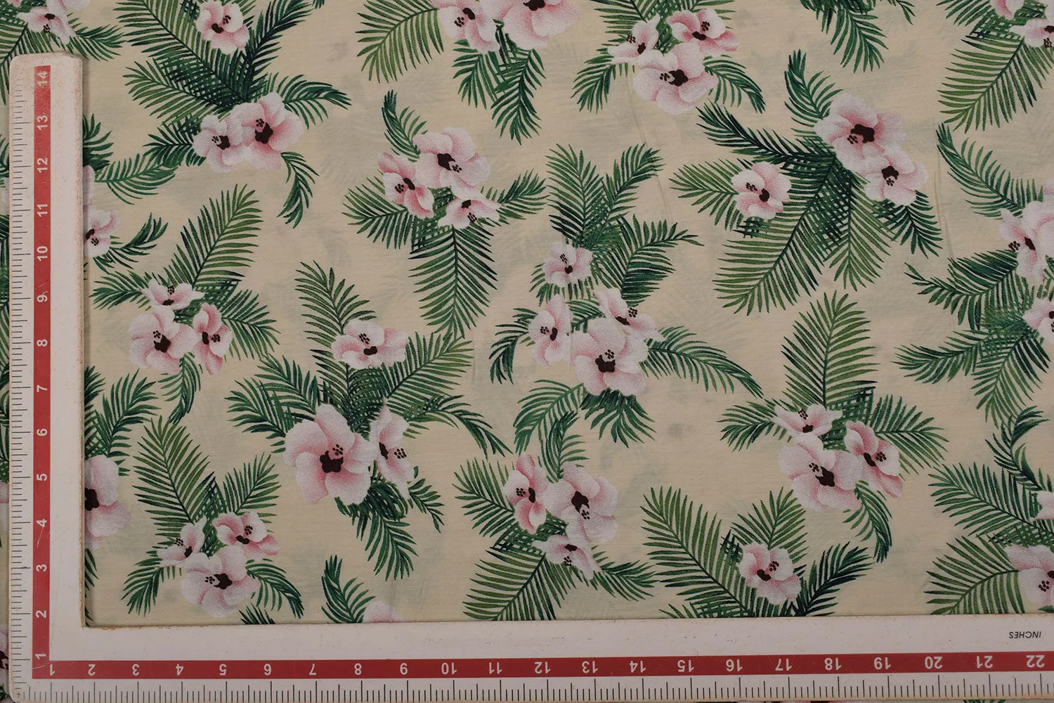 Precut 1 Metre Cream & Green Traditional Printed Viscose Blend Fabric