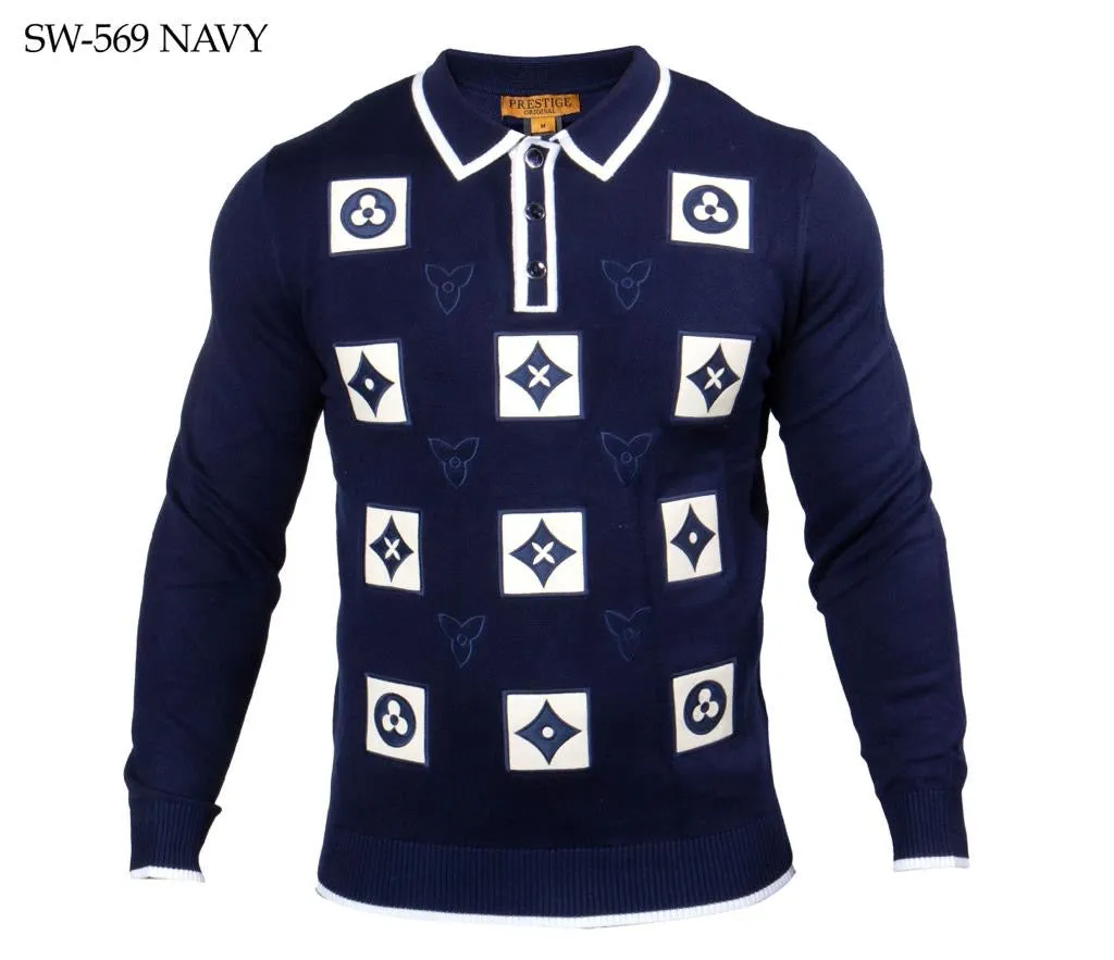 Prestige Navy Blue Men's Polo Sweater with White Leather Fashion Style