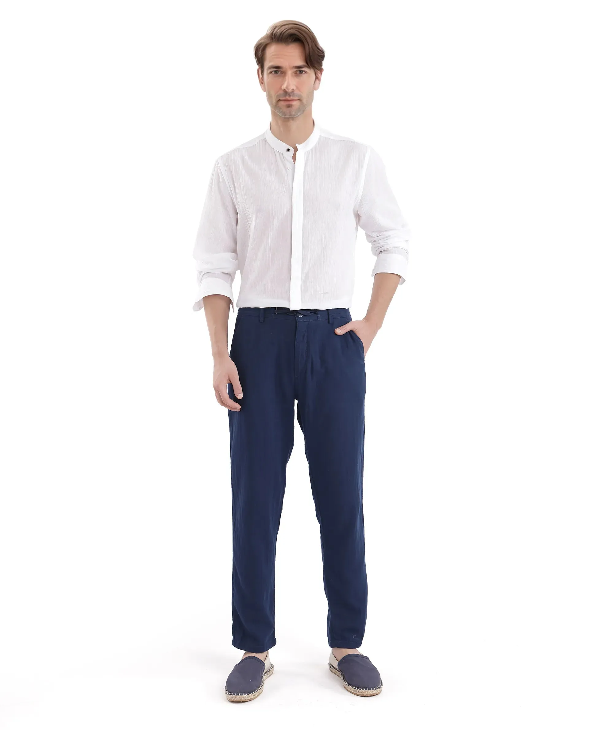 Rare Rabbit Men Pastor-3 Navy Drawstring Closure Plain Trouser