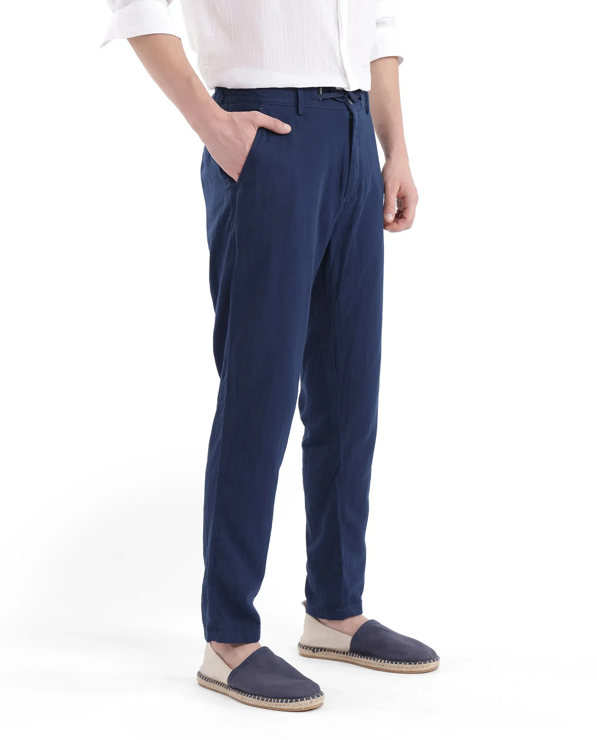 Rare Rabbit Men Pastor-3 Navy Drawstring Closure Plain Trouser