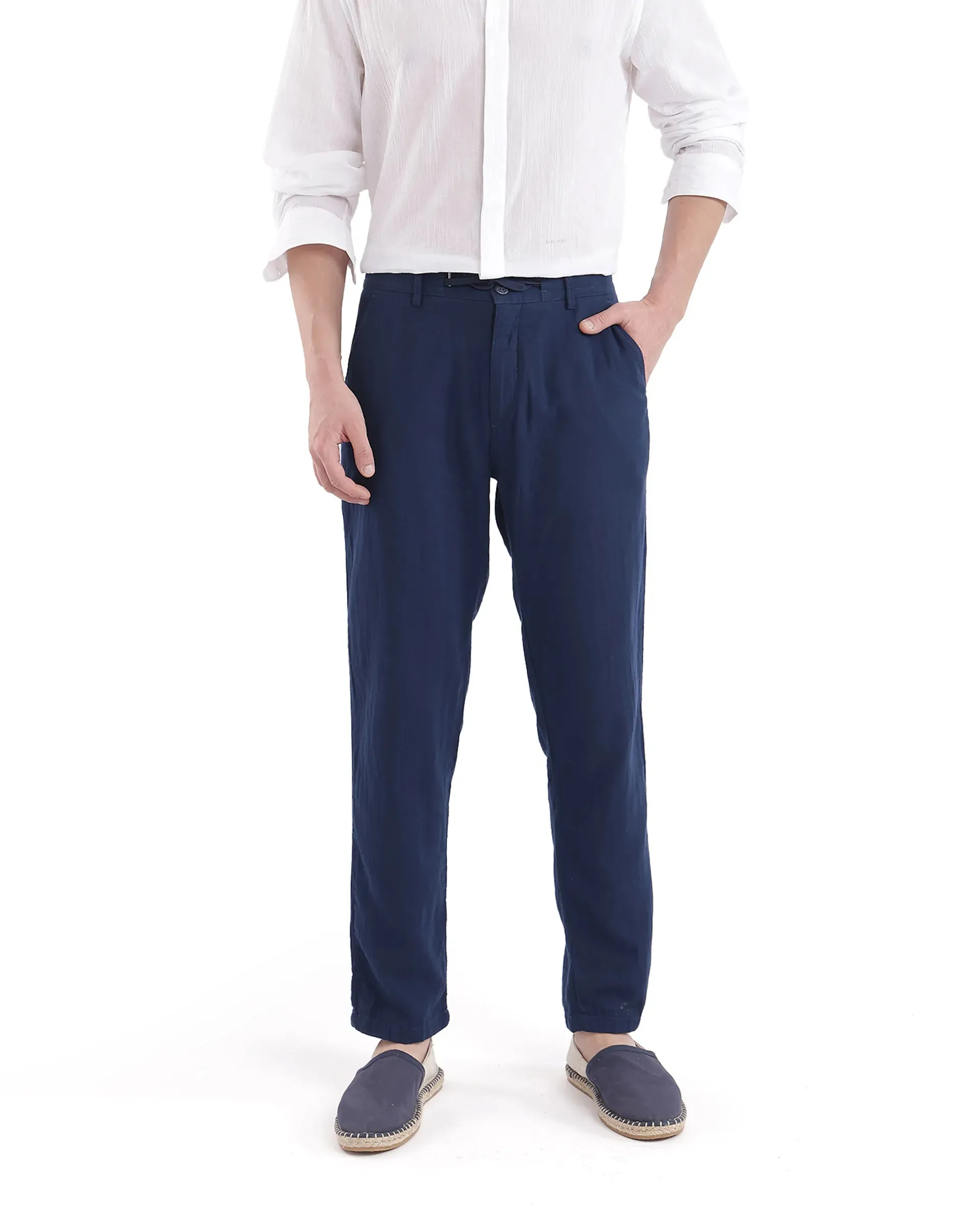 Rare Rabbit Men Pastor-3 Navy Drawstring Closure Plain Trouser