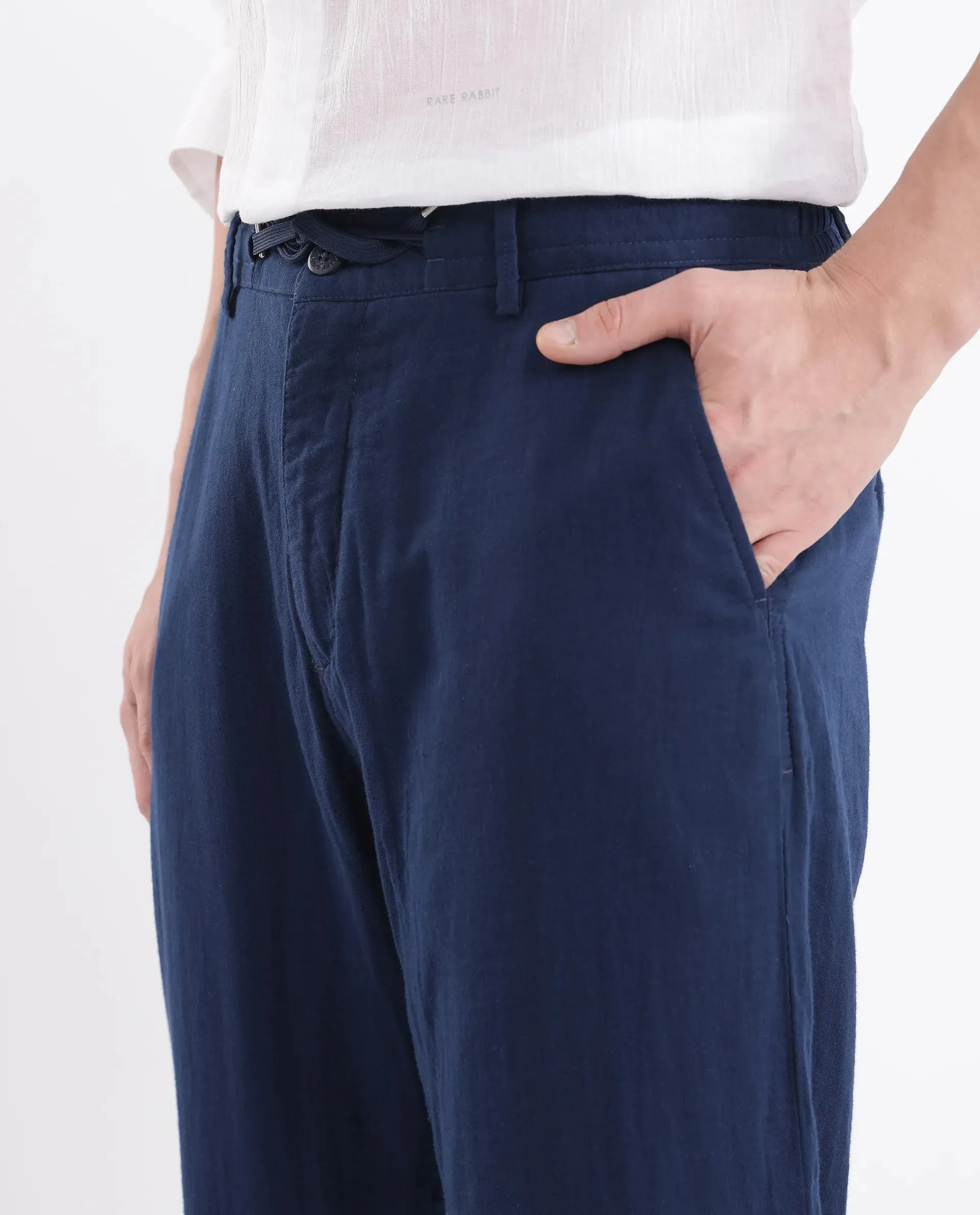 Rare Rabbit Men Pastor-3 Navy Drawstring Closure Plain Trouser