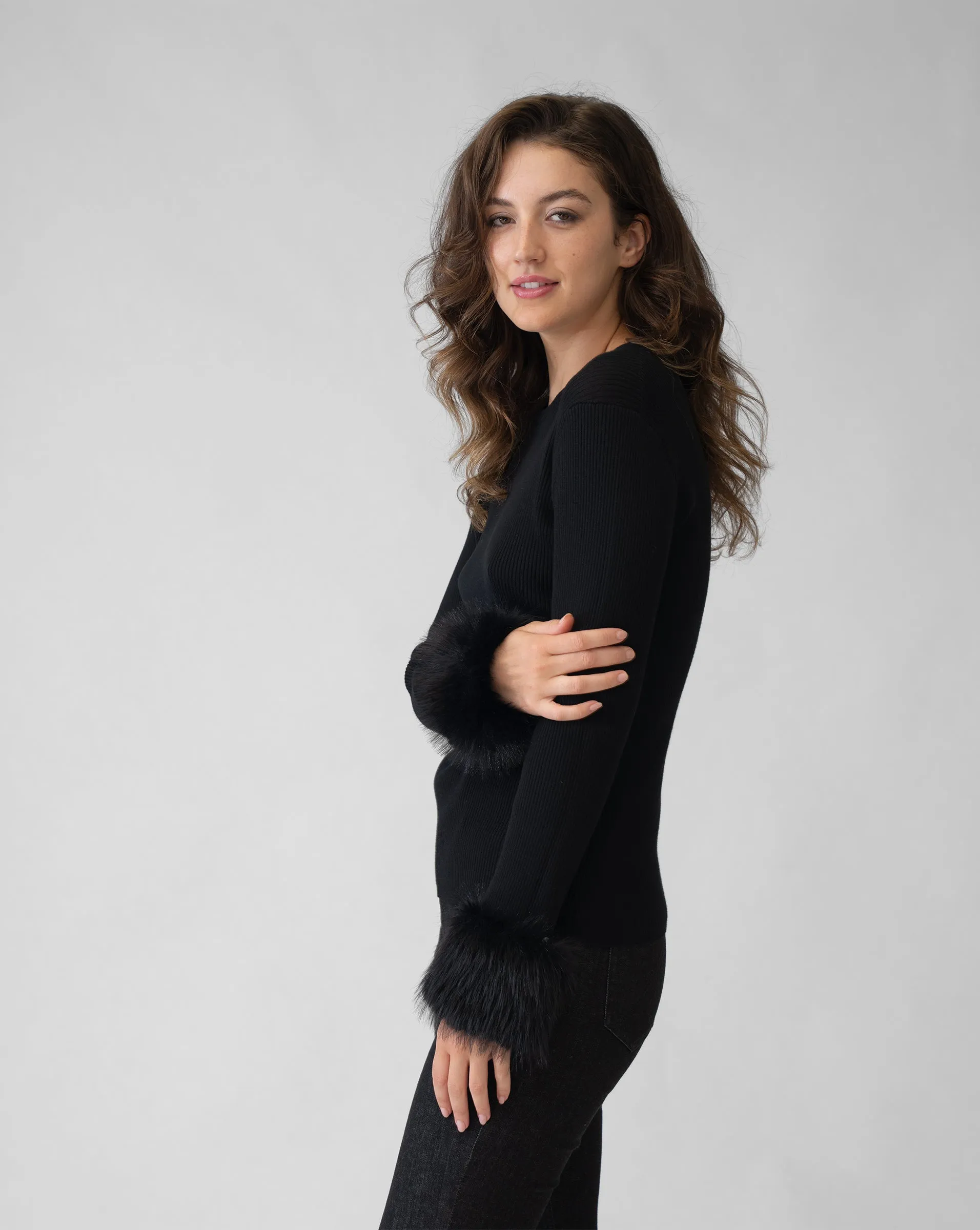 Ribbed Crew Neck Sweater with Faux Fur Cuff