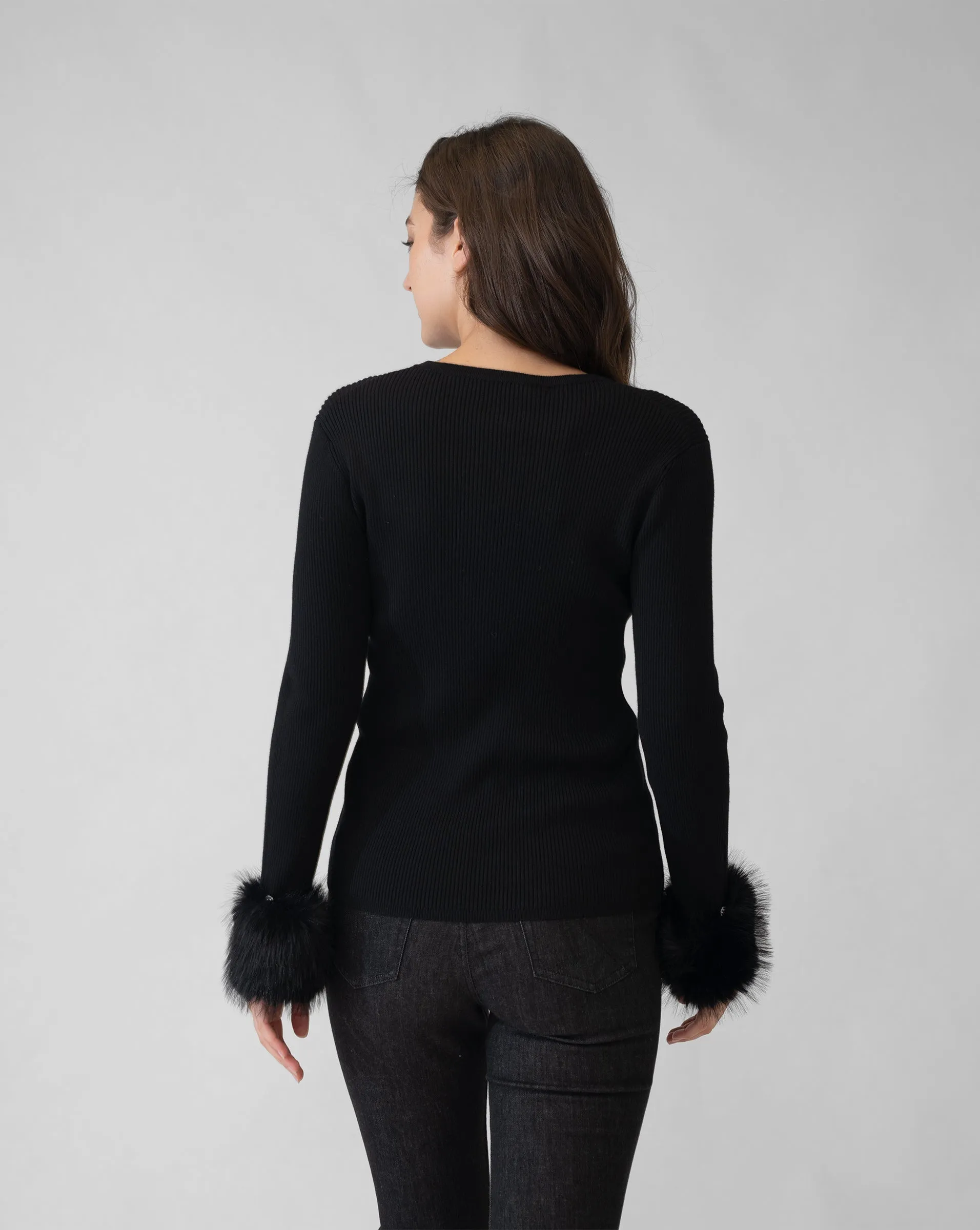 Ribbed Crew Neck Sweater with Faux Fur Cuff