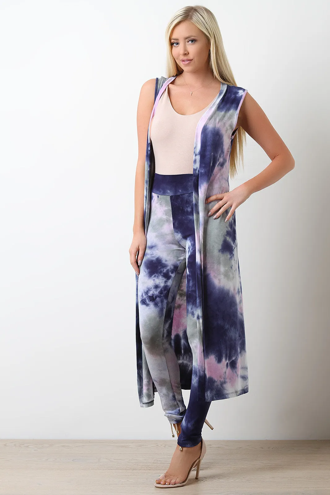 Sleeveless Tie Dye Long Line Cardigan