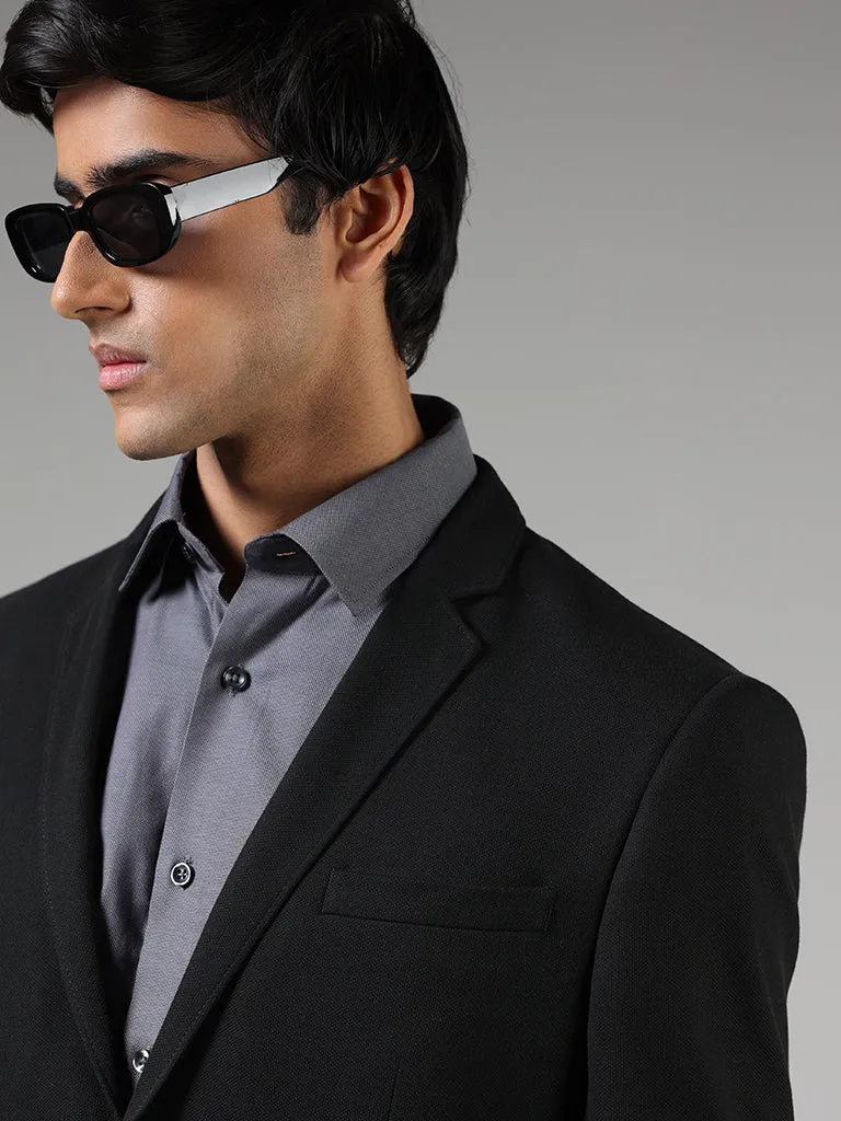 WES Formals Black Slim-Fit Dobby Blazer