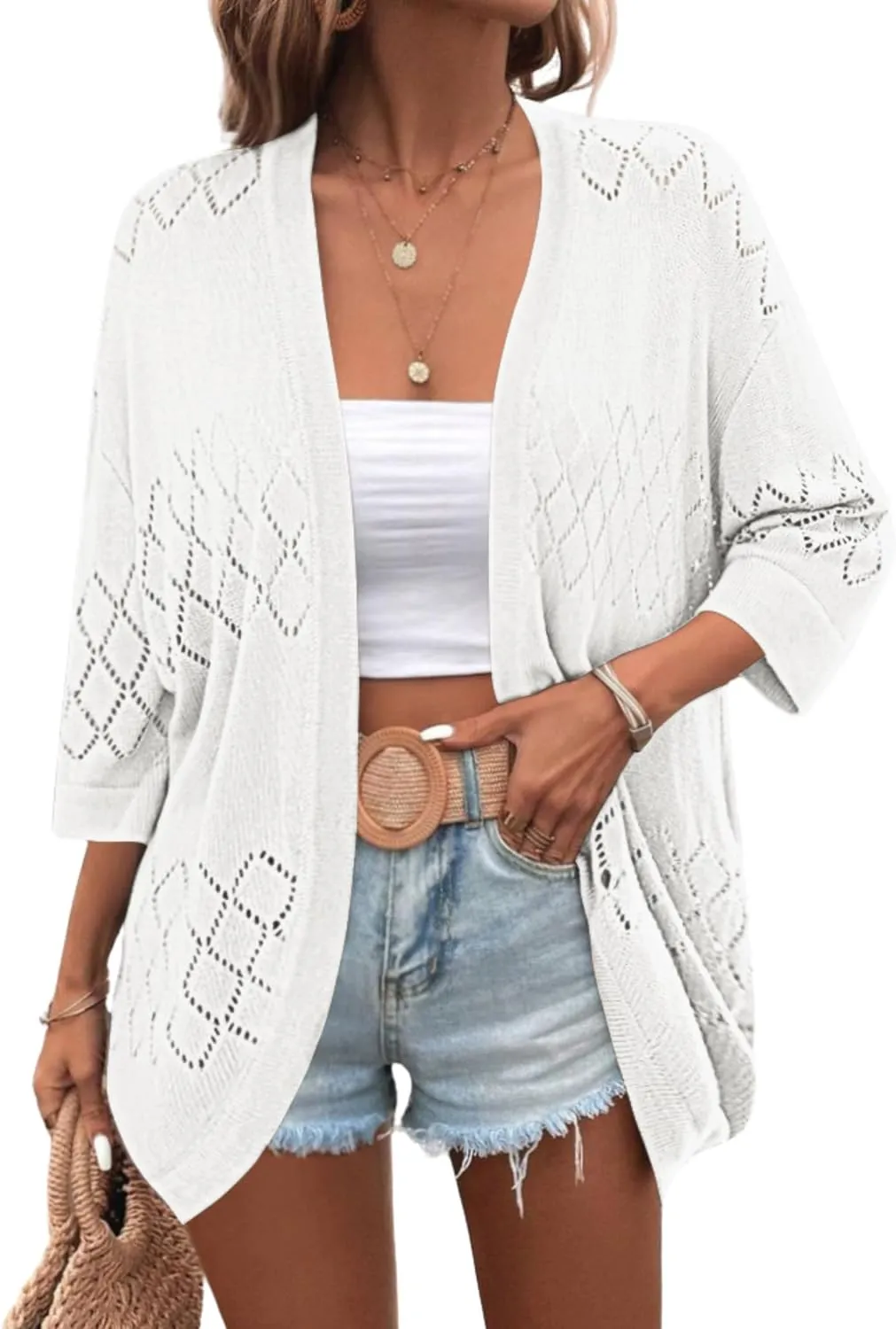 Zeagoo Womens 2024 Lightweight Crochet Cardigan Sweaters Open Front 3/4 Sleeve Knit Kimono Summer Boho Cover Up